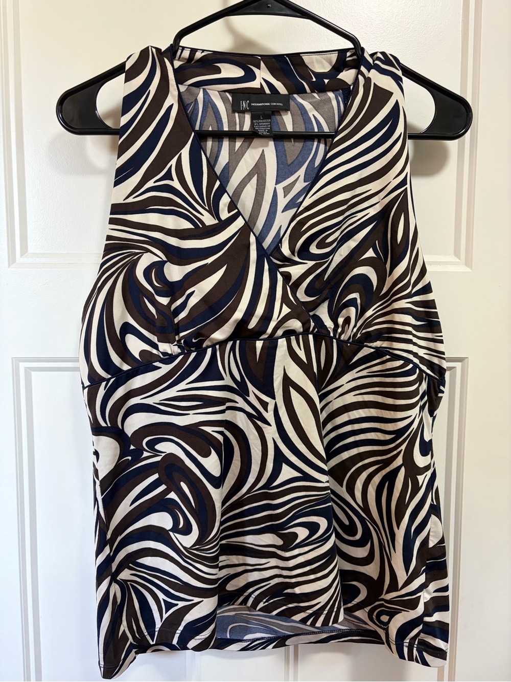INC International Concepts Navy, Brown & White Swirl Print V-Neck Tank
